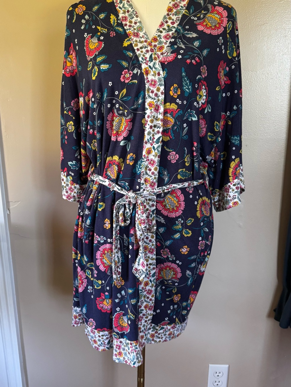 Layla Floral Trim Navy Wrap Robe with Tie Belt